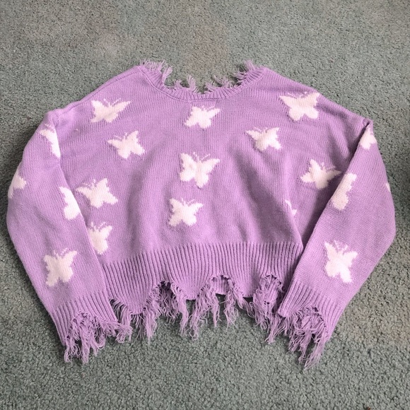 Cute Just Polly Purple Butterfly Cropped Distressed Sweater - Picture 8 of 11